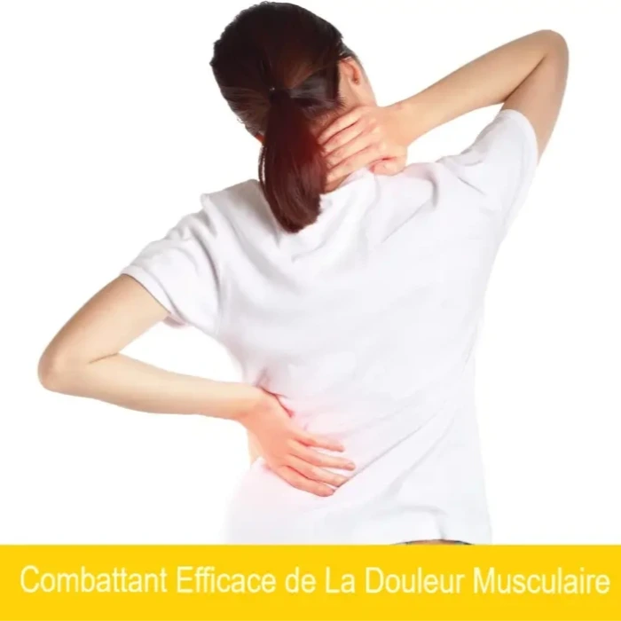 Personne en chemise blanche tenant le cou et le bas du dos en douleur, avec le texte "Combattant Efficace de La Douleur Musculaire" sur un fond jaune.