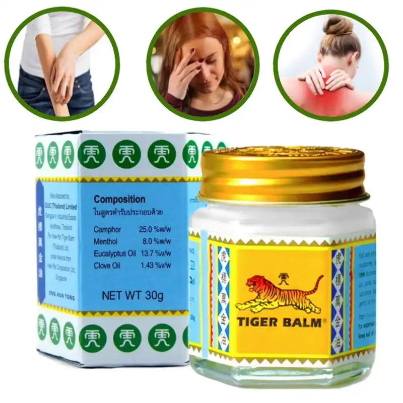 Pot de Tiger Balm Baume du Tigre (30g), étiquette jaune avec tigre. Composition : camphre, menthol, huile d'eucalyptus et clou de girofle. Utilisé pour soulager les douleurs.