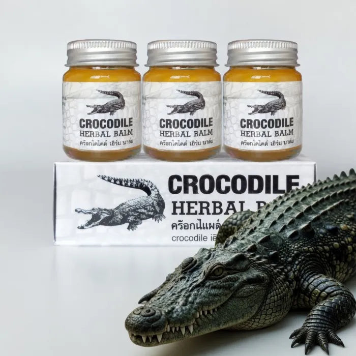 Trois pots de Crocodile Herbal Balm posés sur leur boîte, accompagnés d’un crocodile décoratif. Baume traditionnel conçu pour apaiser irritations, douleurs légères et inconforts cutanés. Packaging avec crocodile, évoquant un soin puissant et protecteur.