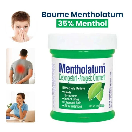 Baume décongestionnant et analgésique Mentholatum 35% Menthol, avec des images de symptômes du rhume, de douleurs dorsales et de stress.