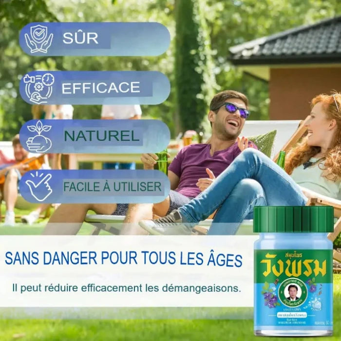 Produits naturels sûrs et efficaces contre les démangeaisons, adaptés à tous les âges. Étiquette affichant des termes comme "SÛR", "EFFICACE", "NATUREL".