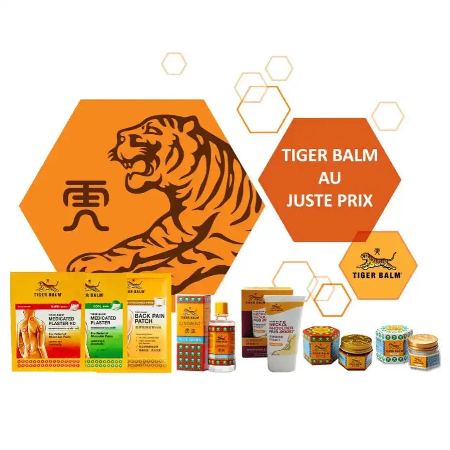 Publicité Tiger Balm montrant des pansements, liniment, pommades pour le cou et les épaules. Texte "TIGER BALM AU JUSTE PRIX",