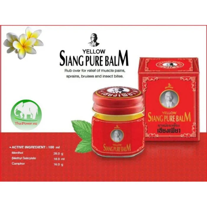 Publicité pour le Baume Jaune Siang Pure, montrant le pot et la boîte rouges. Logo vert avec un éléphant et texte ThaIPower.eu. Ingrédients actifs : menthol, salicylate de méthyle, camphre.