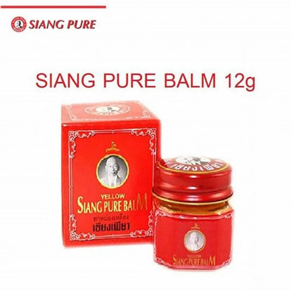 Baume Siang Pure Jaune, 12g, emballage rouge avec texte en doré et blanc. Boîte et petit pot avec image circulaire d'une personne et texte YELLOW SIANG PURE BALM.
