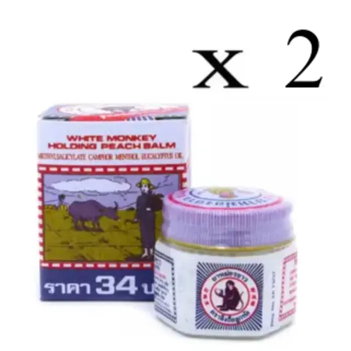 Lot de 2 baumes White Monkey au camphre, menthol et eucalyptus pour soulager douleurs et congestions naturellement.