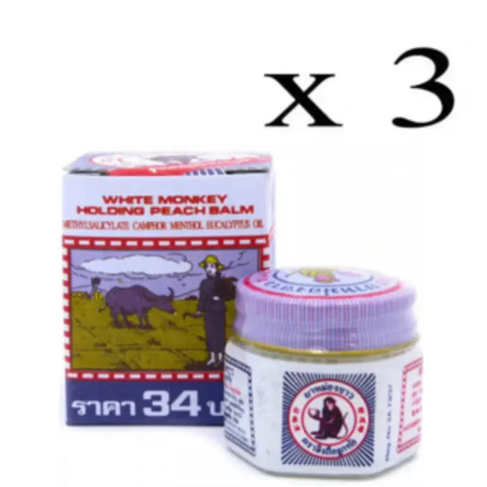 Lot de 3 baumes White Monkey au camphre, menthol et eucalyptus pour soulager douleurs et congestions naturellement.