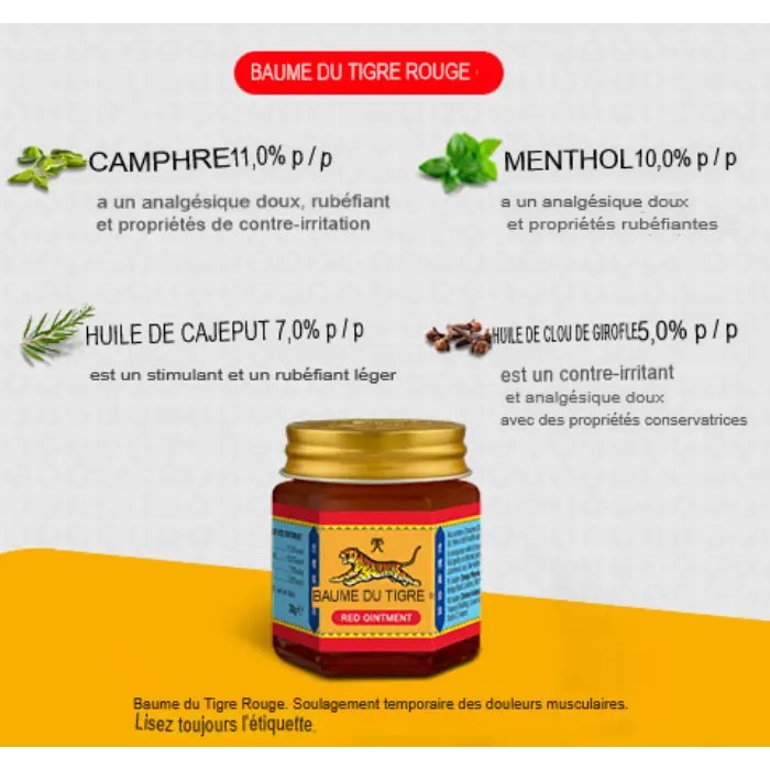 Baume du Tigre® Rouge ~ 25% Camphre., 3 pots de 30g, utilisé pour soulager les douleurs musculaires et articulaires.