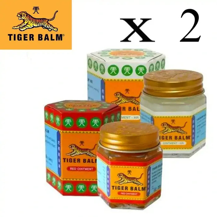 Divers emballages et pots de Tiger Balm, avec couvercles rouges et blancs, et logo de tigre. Soulage les douleurs musculaires. Étiqueté "Red" et "White Ointment. Lot de 2.