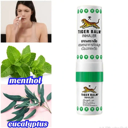 Baton Inhalateur Nasal de poche Baume du Tigre  avec 3 vignettes : menhol, eucalyptus et une femme tenant un inhalateur vers ses narines