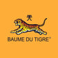 Logo avec un tigre bondissant et le texte BAUME DU TIGRE en dessous. Caractère chinois au-dessus du tigre, fond orange.