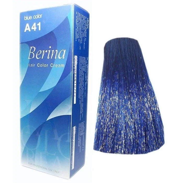 Boîte de teinture capillaire Berina A41 "blue color" et une mèche de cheveux bleus.
