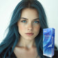 Jeune femme aux longs cheveux bleus et aux yeux bleus, posant à côté d'une boîte de teinture Berina A41.