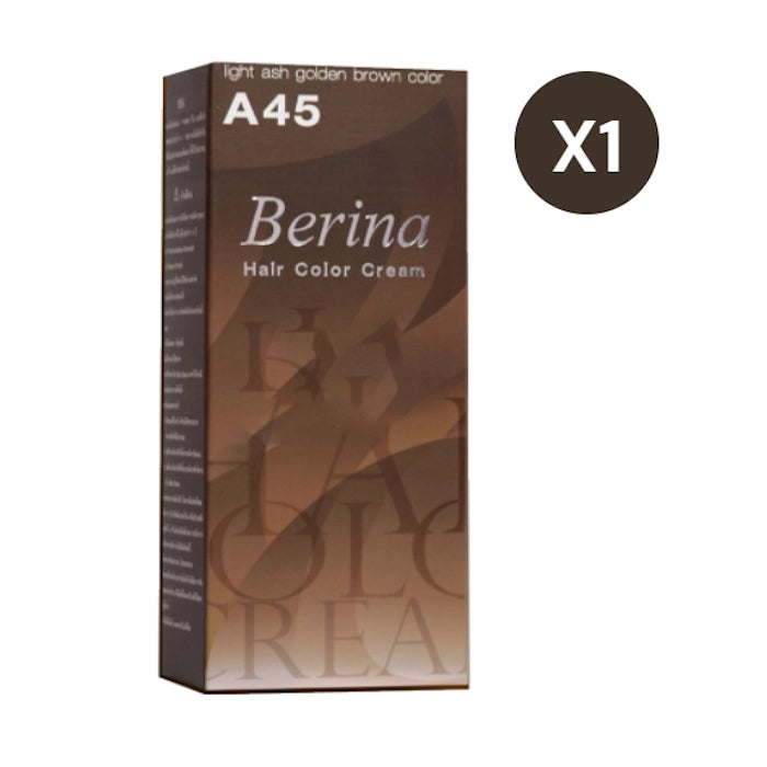 Boîte de teinture capillaire Berina A45 "light ash golden brown color" avec l'indication "X1".