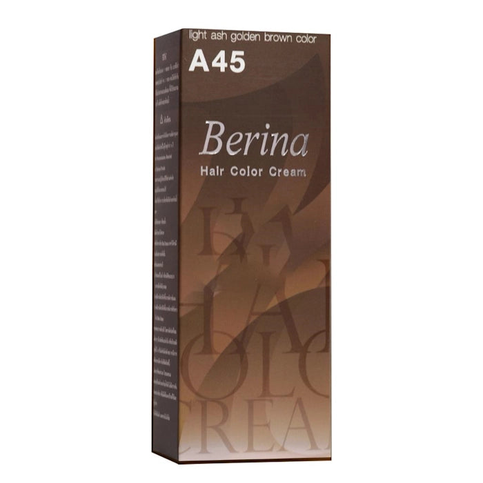 Boîte de teinture capillaire Berina A45 "light ash golden brown color" sur fond blanc.