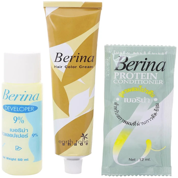 Pack de teinture capillaire Berina A45 "light ash golden brown color" avec développeur et revitalisant.