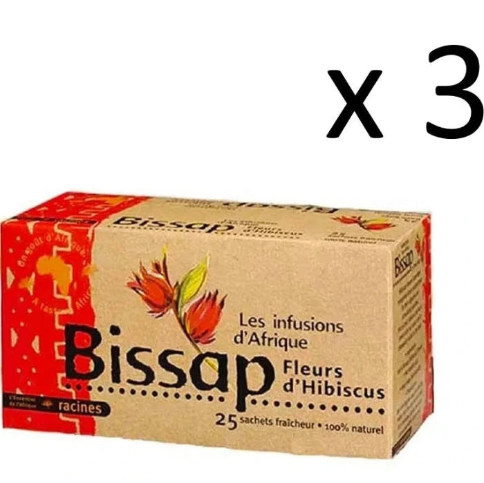 3 Boîtes en carton kraft de la marque Bissap, gamme "Les infusions d'Afrique", contenant 25 sachets de fleurs d'hibiscus 100 % naturelles, ornée d'un motif floral rouge et orange sur fond beige.