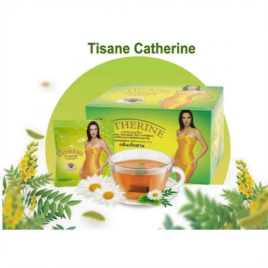 boite de Tisane Catherine x32 sachets, Séné et Chrysanthème pour une cure minceur et un ventre plat et une tasse remplie de tisane