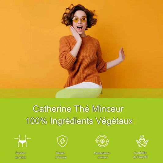 une femme heureuse ouvre la bouche  et les benefices du Thé Catherine sont inscrits