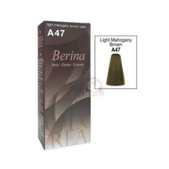 Crème colorante Berina A47, couleur brun acajou clair, avec des cheveux colorés pour illustrer le résultat.