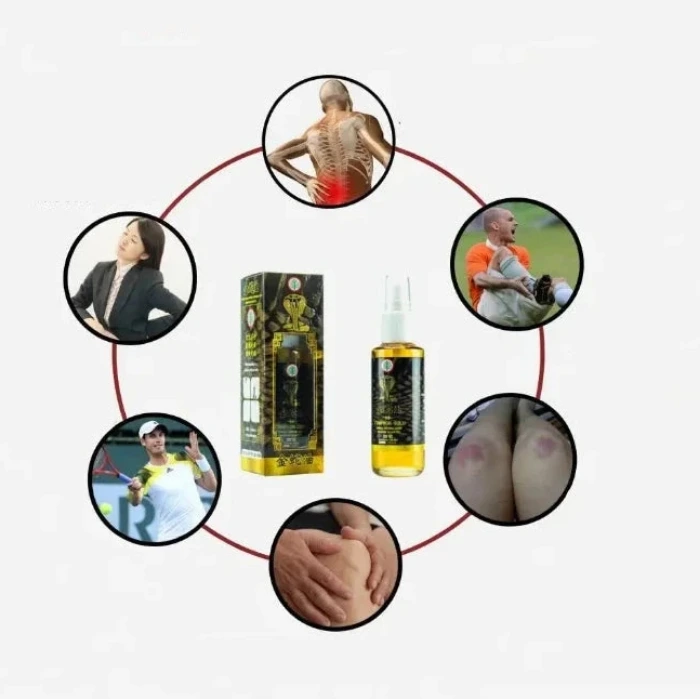 Image d’un spray anti‑douleur entouré de photos illustrant différentes zones du corps affectées : dos, nuque, genoux, bras et contusions. Le produit est présenté comme une solution rapide pour apaiser douleurs musculaires, tensions et inflammations.