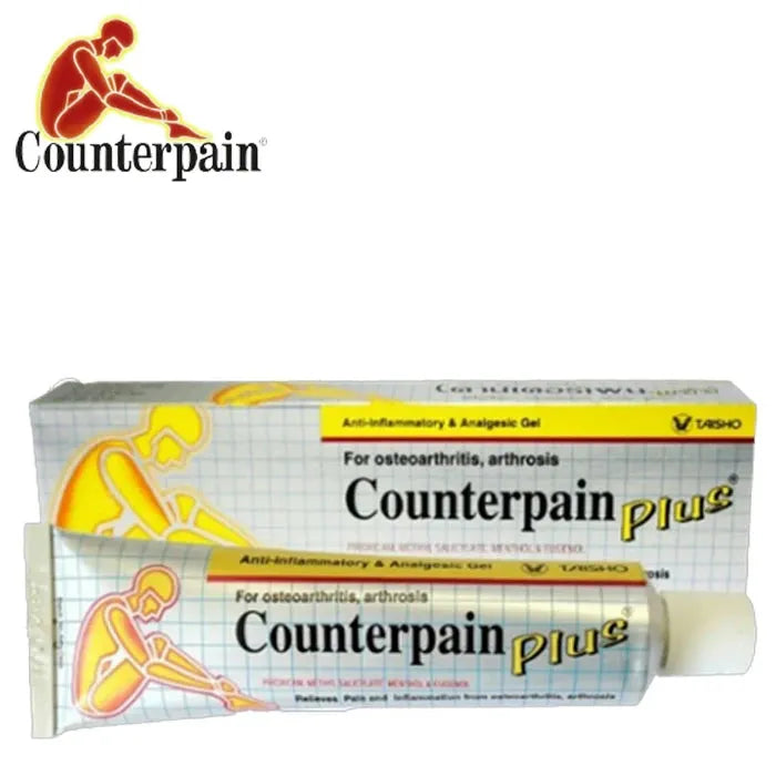 tube et emballage de pommade Counterpain plus avec logo de la marque dans le coin supérieur droit