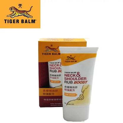 Tube de crème Tiger Balm Neck & Shoulder Rub Boost avec son emballage en carton, destiné à soulager les douleurs au cou et aux épaules. Logo du tigre visible.