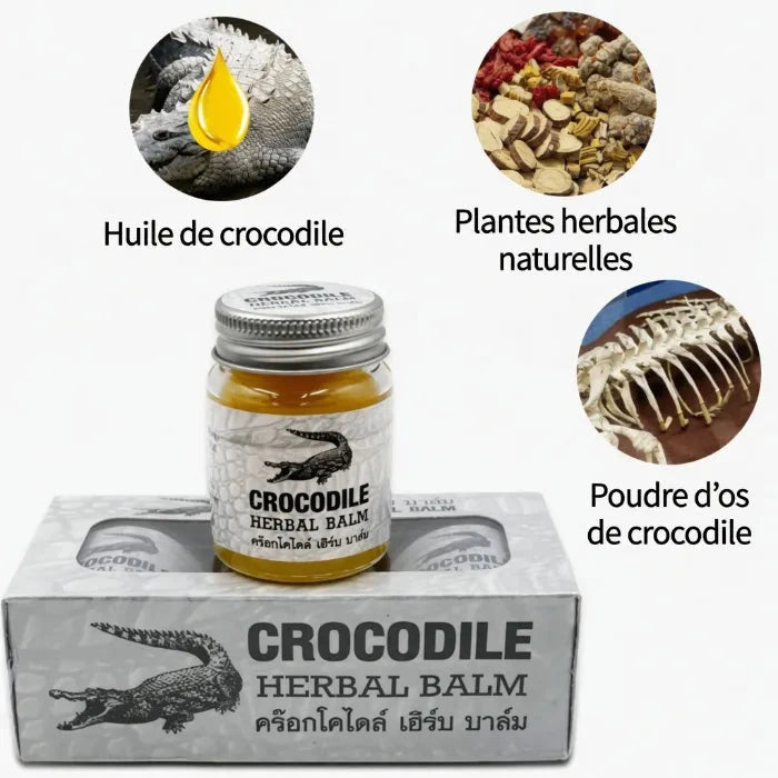 Pot et boîte de Crocodile Herbal Balm entourés d’images d’ingrédients : huile de crocodile, plantes herbales naturelles et poudre d’os de crocodile. Baume conçu pour apaiser, réparer et protéger la peau grâce à une formule traditionnelle
