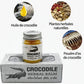Pot et boîte de Crocodile Herbal Balm entourés d’images d’ingrédients : huile de crocodile, plantes herbales naturelles et poudre d’os de crocodile. Baume conçu pour apaiser, réparer et protéger la peau grâce à une formule traditionnelle