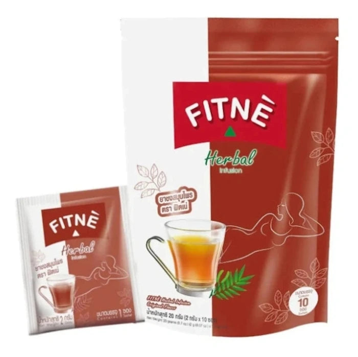 Sachet de thé Fitné Herbal Infusion, illustrant une femme mince et une tasse de thé.