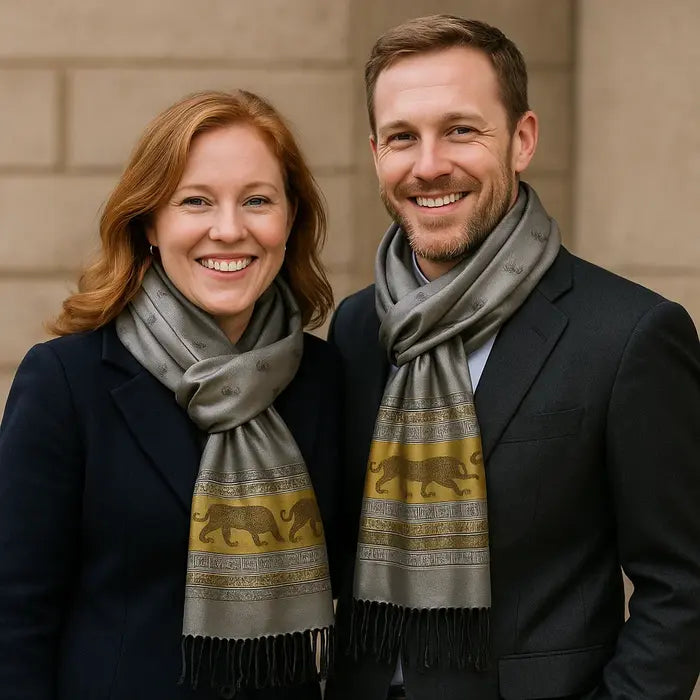 Un couple souriant porte des foulards gris ornés d’un motif doré élégant et raffiné.
