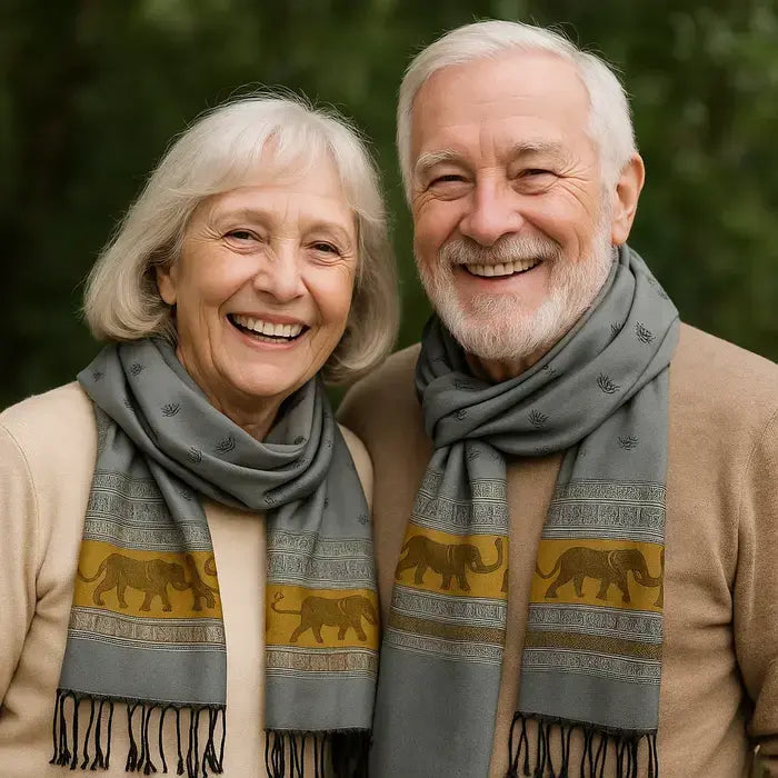 Un couple âgé souriant, portant des écharpes avec des motifs d'éléphants, en extérieur.