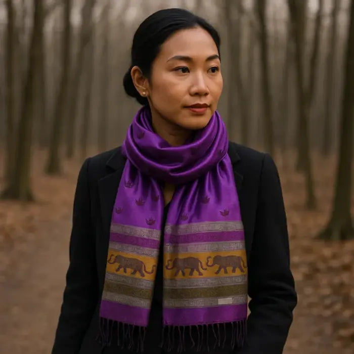 Femme élégante portant un foulard mauve thaï en soie, motifs éléphants, dans une forêt.



