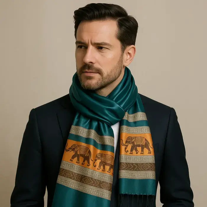 Homme élégant portant un foulard en soie bleu canard orné de motifs éléphants dorés et bruns.