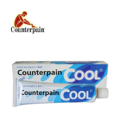 Gel et boîte d'analgésique froid Counterpain Cool bleu clair et bleu foncé avec logo.