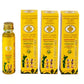 Photo du Gold Cross Yellow Oil, un remède traditionnel thaïlandais présenté en flacon et boîtes jaunes. Le produit est utilisé pour soulager douleurs musculaires, piqûres d’insectes et inconforts quotidiens. Packaging jaune vif avec croix dorée distinctive.