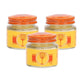 3 Pots et boîte de baume White Monkey Holding Peach avec étiquette représentant un singe tenant une pêche. Texte en thaï et en anglais. Utilisé pour soulager les douleurs musculaires.