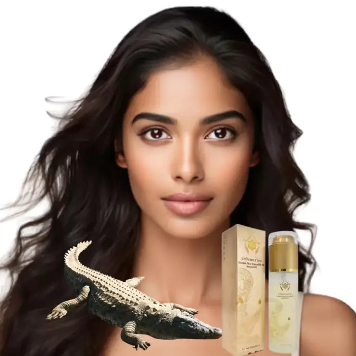visage d'une femme rayonnante avec un crocodile et une bouteille d'huile de crocodile  en surimpression