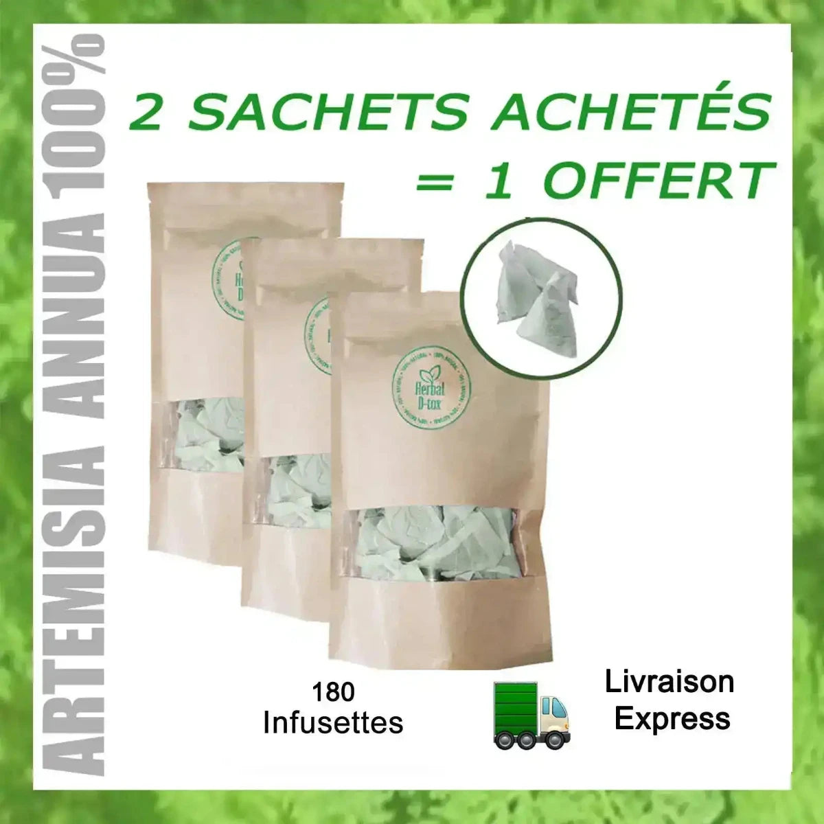 Image promotionnelle pour le produit Herbat D-tox, affichant trois sachets de thé contenant 180 infusettes. Le texte indique une offre : "2 sachets achetés = 1 offert". On y voit également une icône de livraison express.