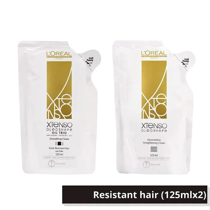 Deux sachets blancs de produits capillaires L'Oréal Paris Xtenso Oleoshape. À gauche, "Smoothing Cream". À droite, "Neutralizing Straightening Cream". Conçu pour cheveux "Extra Resistant". Contenance de 125 ml chacun. Étiquette noire en bas mentionne "Extra Resistant hair (125mlx2)"