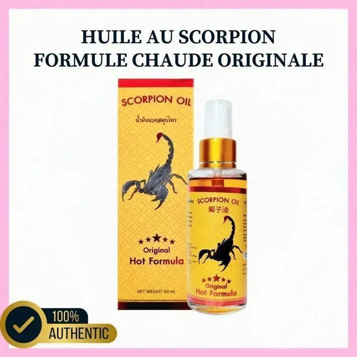 Flacon et boîte de Scorpion Oil, huile chauffante conçue pour soulager vite douleurs musculaires, raideurs et tensions. Packaging jaune et rouge avec scorpion noir, présenté comme une formule chaude puissante et ciblée.