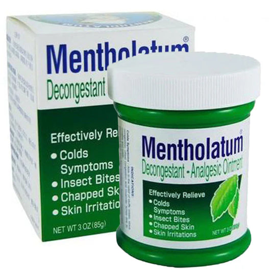 Mentholatum décongestionnant - Pommade analgésique, 85g. Soulage les symptômes du rhume, piqûres d'insectes, peau gercée, et irritations cutanées. Emballage vert et blanc avec image de feuille