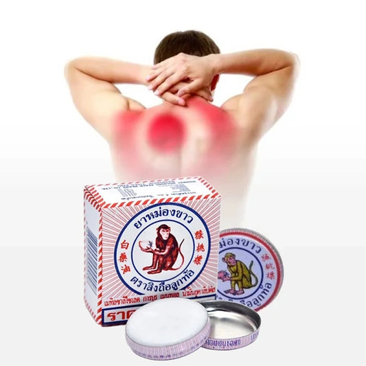 Baume du singe blanc pour le soulagement des douleurs musculaires, avec un homme se frottant le cou.