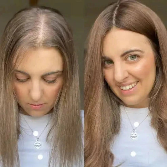 Comparaison de cheveux avant et après le traitement : cheveux plats à gauche, volumineux et coiffés à droite.