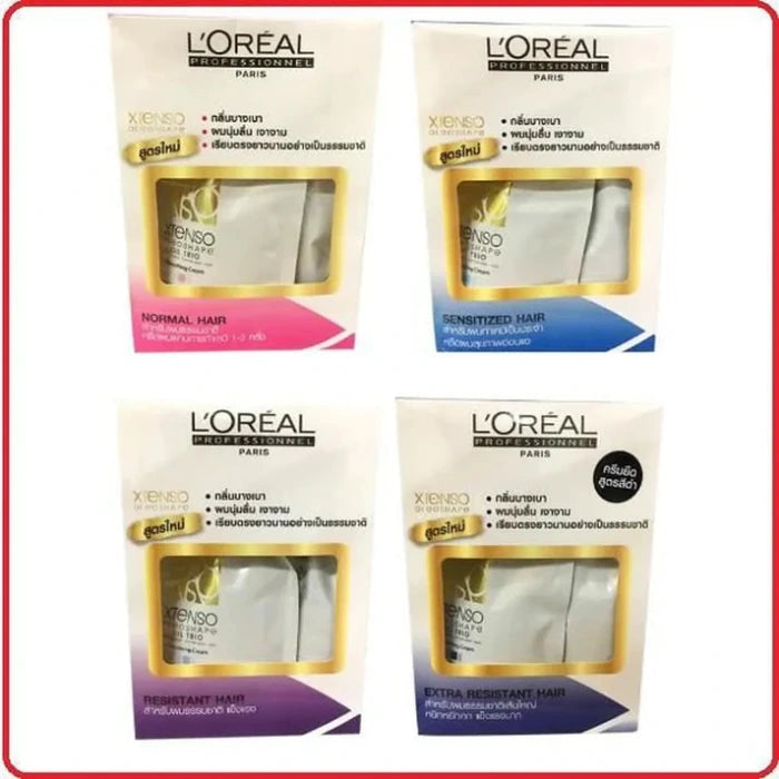 Quatre paquets de produits capillaires L'Oréal Professionnel Paris "X-Tenso Care" pour différents types de cheveux. Étiquettes en anglais et thaïlandais.