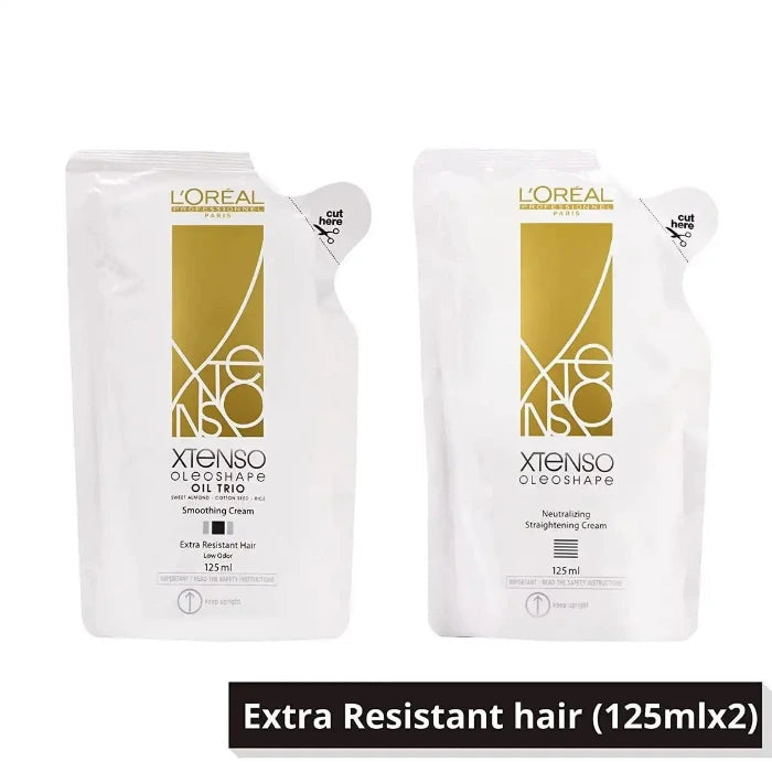Deux sachets blancs de produits capillaires L'Oréal Paris Xtenso Oleoshape. À gauche, "Smoothing Cream". À droite, "Neutralizing Straightening Cream". Conçu pour cheveux "Extra Resistant". Contenance de 125 ml chacun. Étiquette noire en bas mentionne "Extra Resistant hair (125mlx2)"