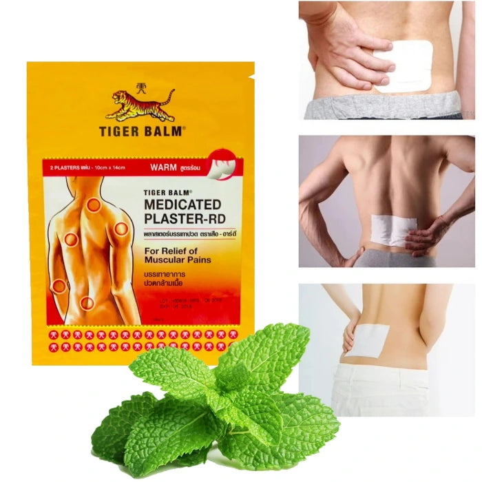 Tiger Balm självhäftande plåster, det finns myntablad och 3 vinjetter som visar att plåstret fastnar på olika delar av kroppen