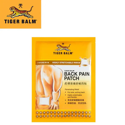 Paquet de patches Tiger Balm pour les douleurs de dos. L'emballage est jaune avec le logo Tiger Balm et l'image d'une personne avec un patch sur le bas du dos. Texte : Tiger Balm Back Pain Patch, Soulagement pénétrant, pour les douleurs de dos, Très extensible et flexible.