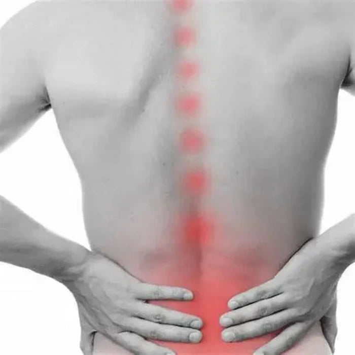 Image montrant une personne de dos avec une zone rouge le long de la colonne vertébrale, principalement dans le bas du dos. La personne a les deux mains sur le bas du dos, indiquant une douleur ou une gêne. Un point bleu est situé au milieu de la colonne vertébrale, suggérant un point d'intérêt spécifique. L'image illustre visuellement le concept de douleur dorsale.