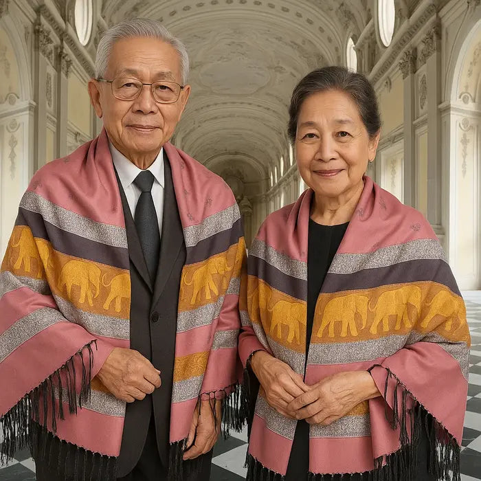Un couple âgé souriant porte un châle rose à motifs d’éléphants dans un palais élégant.