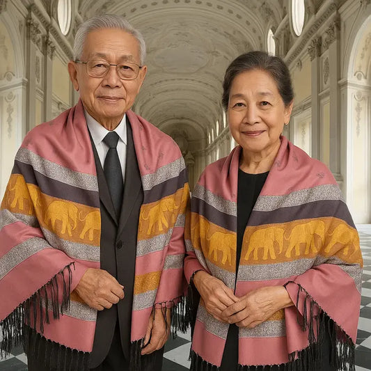 Un couple âgé souriant porte un châle rose à motifs d’éléphants dans un palais élégant.